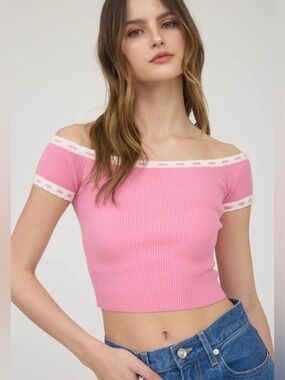 Pink Off-Shoulder Ribbed Crop Top - Women